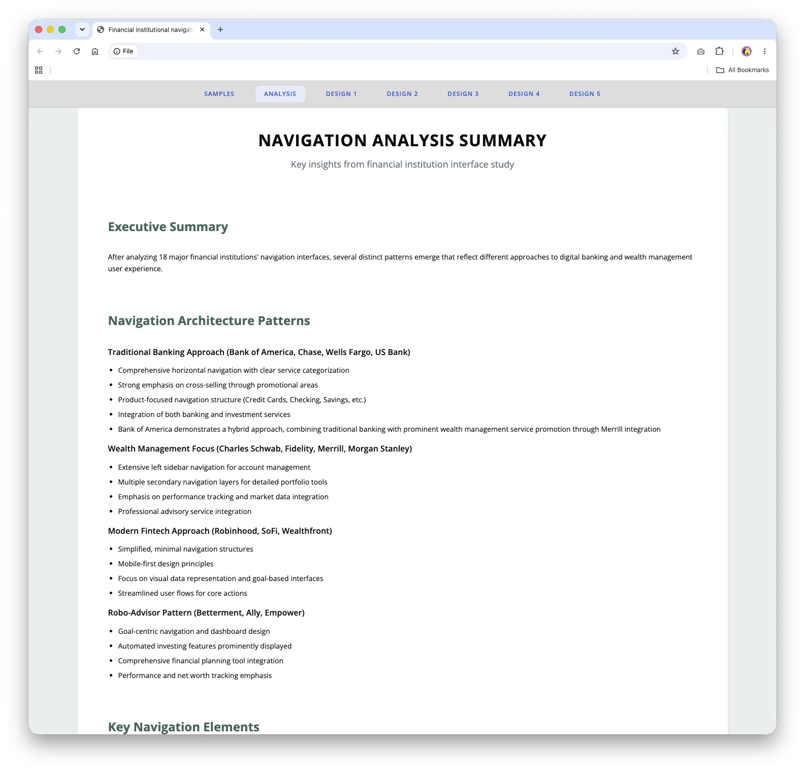 Navigation analysis summary describing the traditional banking, wealth management, modern fintech, and robo-advisor patterns