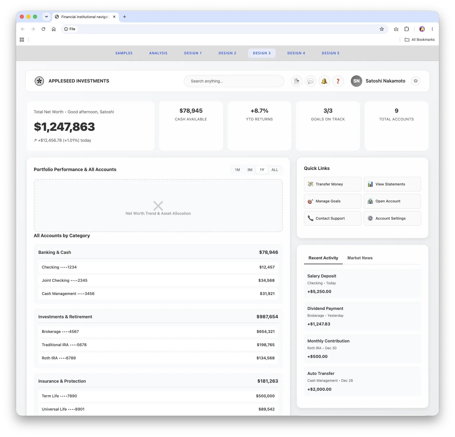 Concept 3: summary tiles for net worth, cash, returns, goals, and accounts above a categorized account list, quick links, and activity