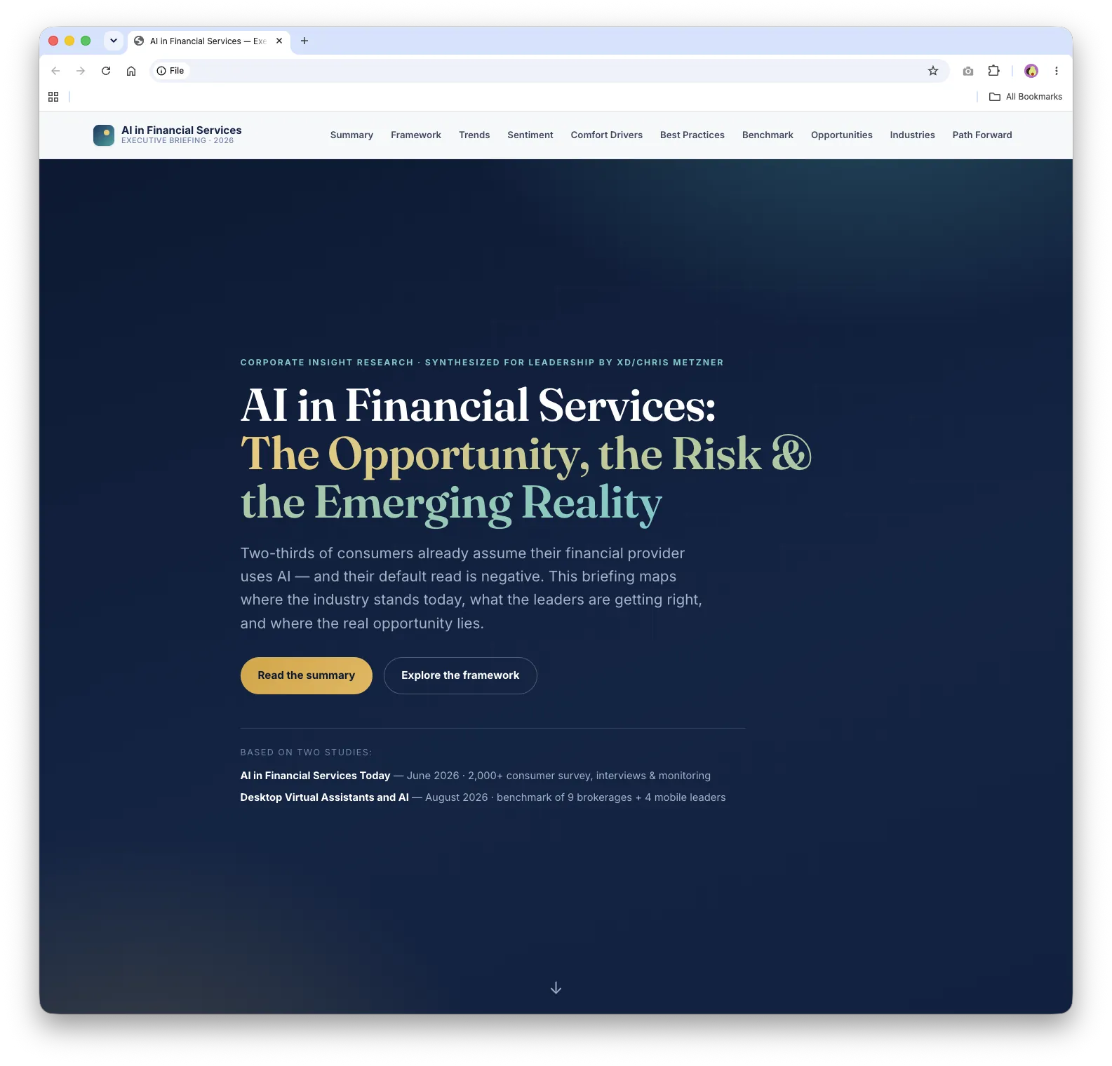 Executive briefing website titled AI in Financial Services: The Opportunity, the Risk and the Emerging Reality
