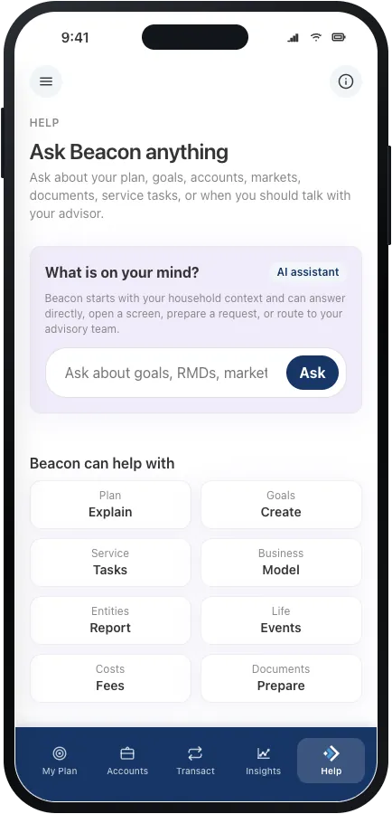 Help screen where clients ask Beacon, an AI assistant, about their plan, goals, accounts, and documents