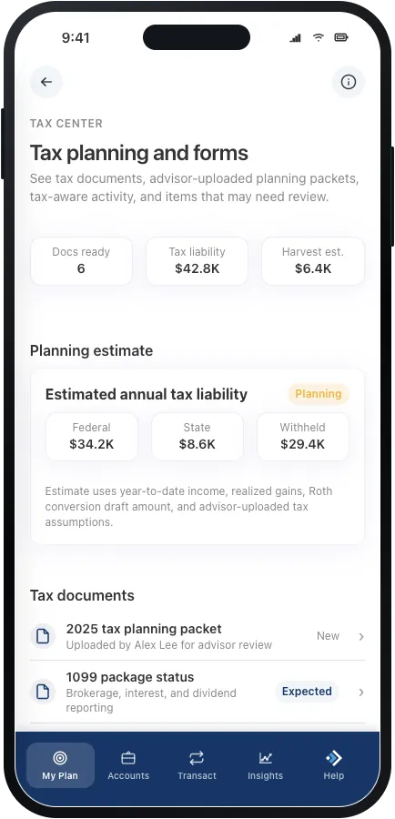 Tax Center with documents ready, estimated tax liability, and advisor-uploaded tax documents