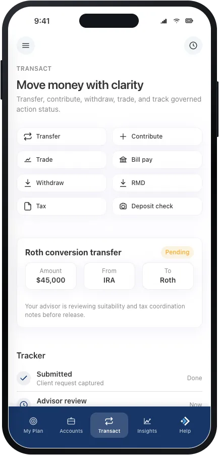 Transact screen with transfer, contribute, trade, bill pay, and check deposit actions, plus a pending transfer tracker