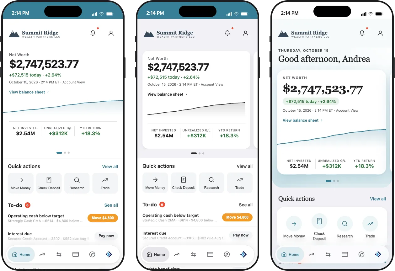 Three white-label Horizon Home screen designs for a fictional advisor firm, Summit Ridge Wealth Partners, each showing net worth, quick actions, and a to-do list