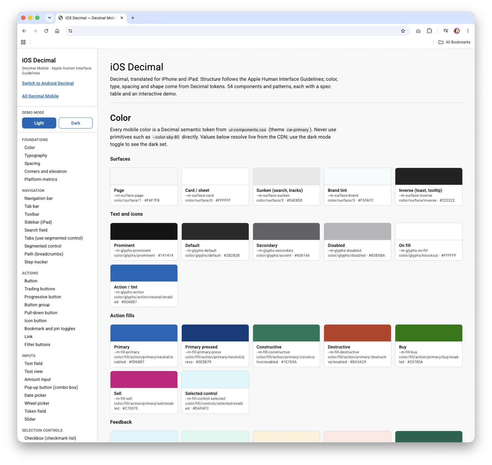 iOS Decimal design system site showing color tokens for surfaces, text, and action fills, with a sidebar of foundations and components