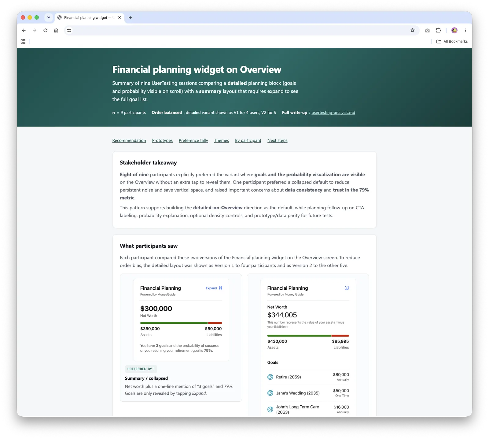 Research website comparing a collapsed and a detailed financial planning widget, with the stakeholder takeaway