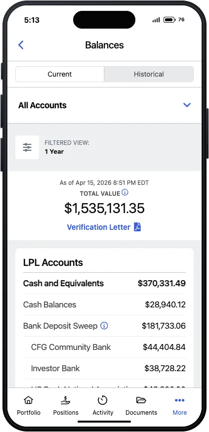 Balances screen with current and historical tabs, total value, and a Verification Letter link