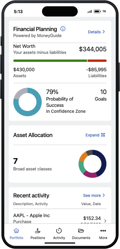 Financial planning card with net worth, 79% probability of success, and asset allocation