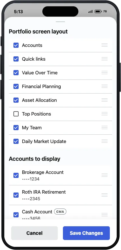 Customize home sheet where clients reorder and hide portfolio sections and accounts