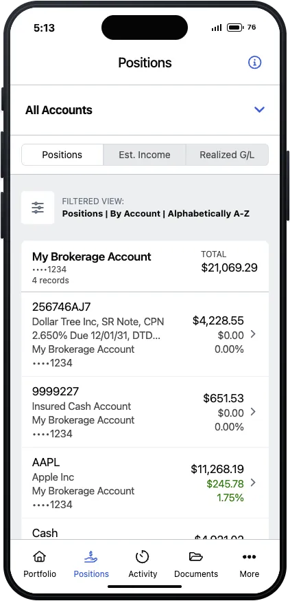 Positions screen grouped by account, with tabs for estimated income and realized gain or loss