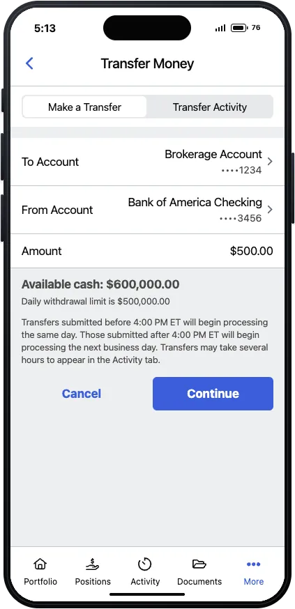 Transfer money form with to and from accounts, amount, and cut-off time details