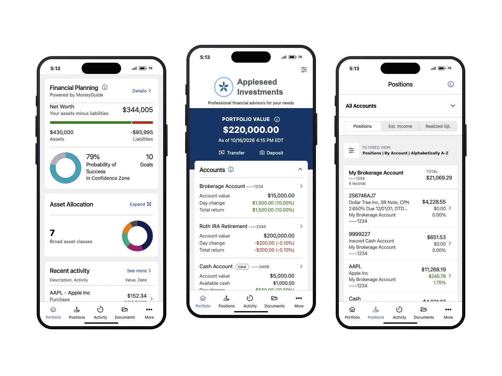 Appleseed Investments mobile app screens from the AV research prototype