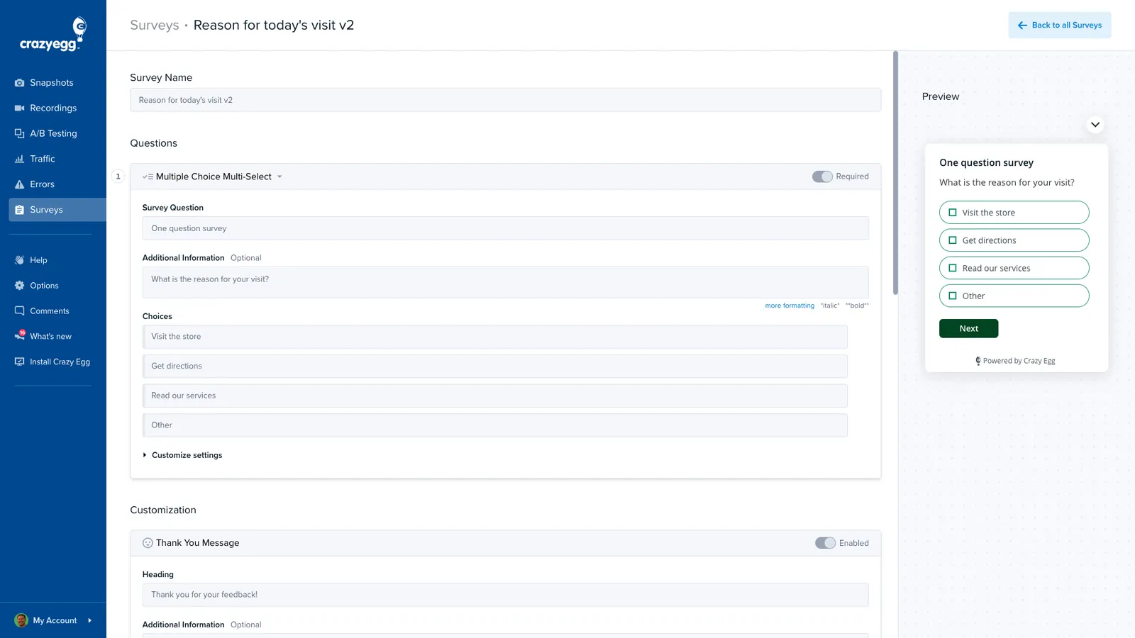 Crazy Egg survey page setup