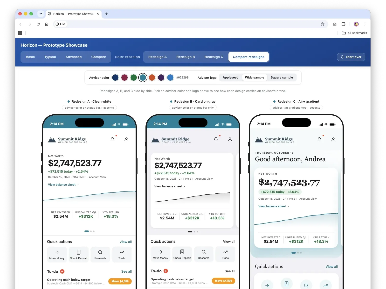 Horizon mobile app screens showing client roles and white-label home designs