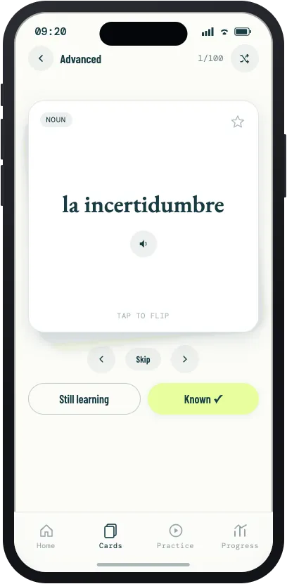 Advanced flashcard for la incertidumbre, labeled as a noun
