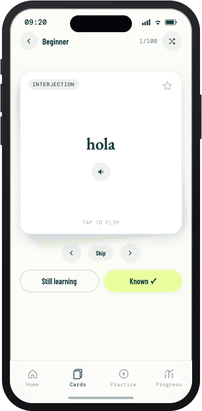 Beginner flashcard for the word hola, with a pronunciation button and Still learning and Known buttons