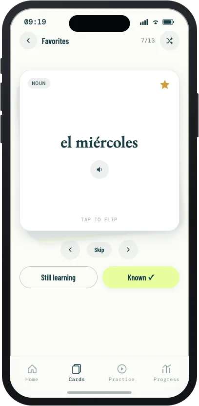 Favorites deck showing a starred card for el miércoles, card 7 of 13