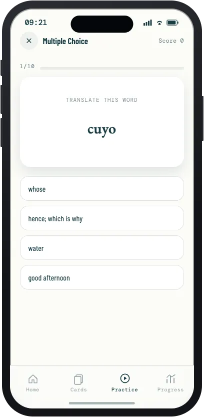 Multiple choice question asking for the translation of cuyo, with four answer options
